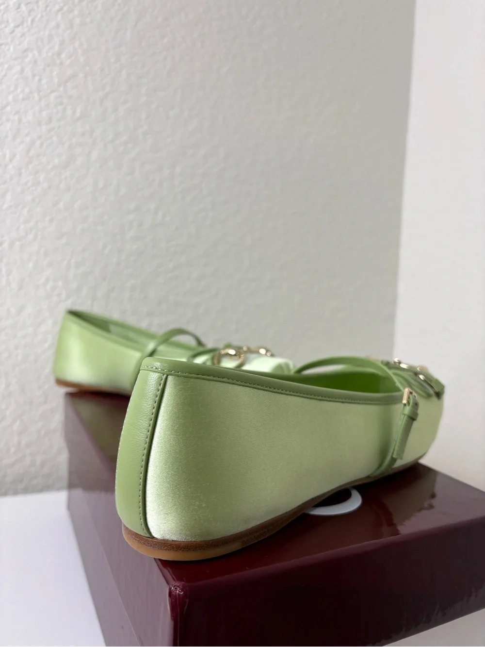 Gucci Light Green Satin Mary Jane Ballet Flats with Gold Horsebit 38